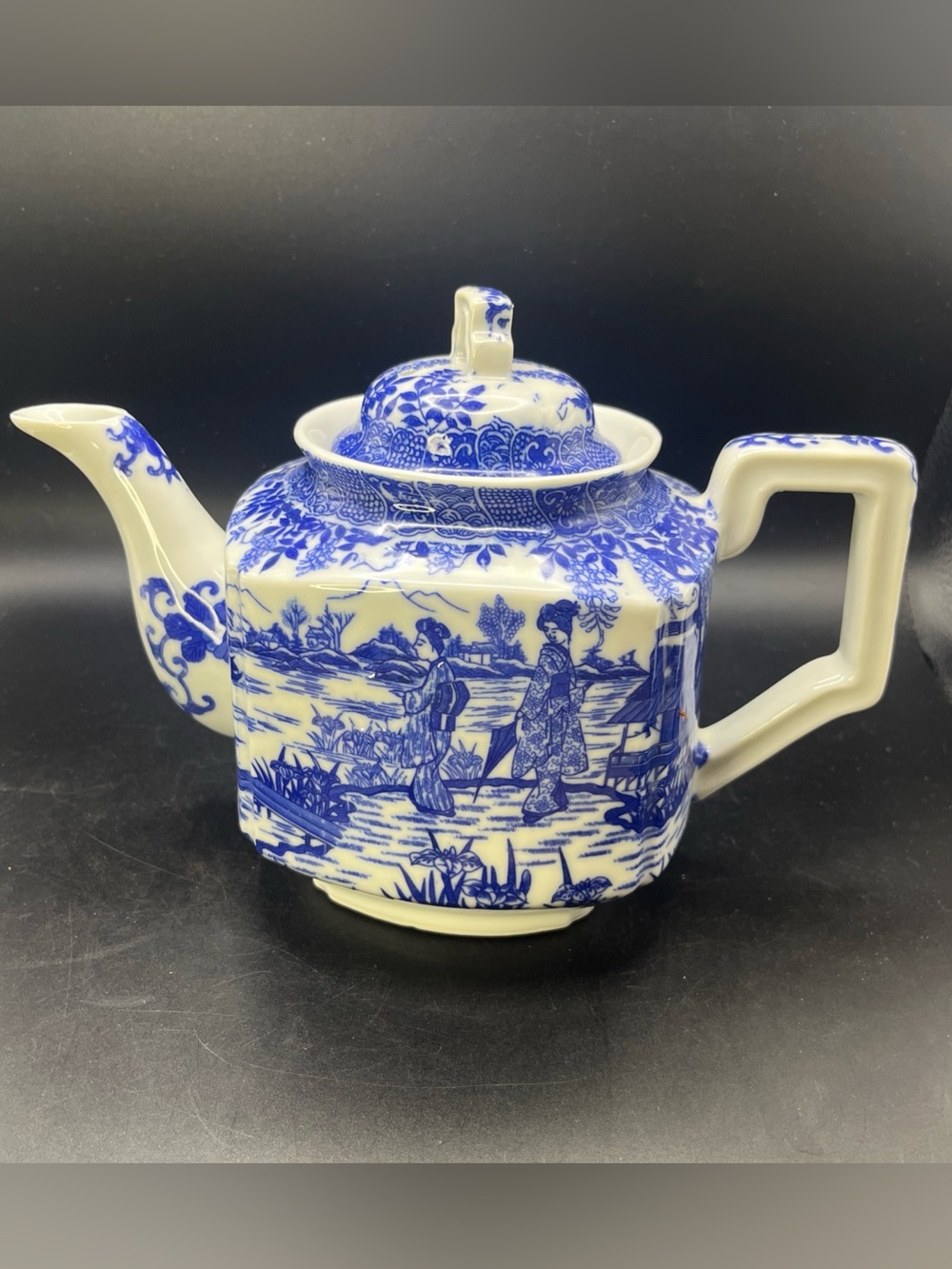 Vintage Blue White Chinoiserie Teapot Hexagonal Rectangular Transferware Japan